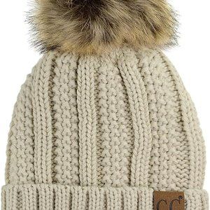 C.C Thick Cable Knit Faux Fuzzy Fur Pom Fleece Lined Skull Cap Cuff Beanie